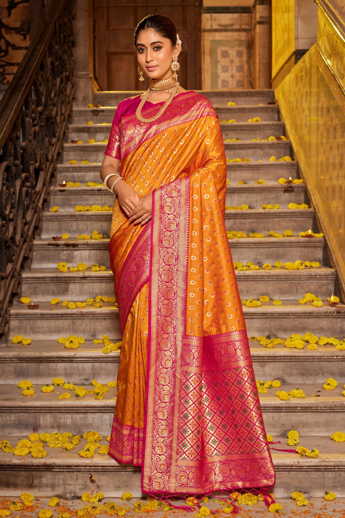 Buy MySilkLove Carrot Orange Zari Woven Banarasi Saree Online