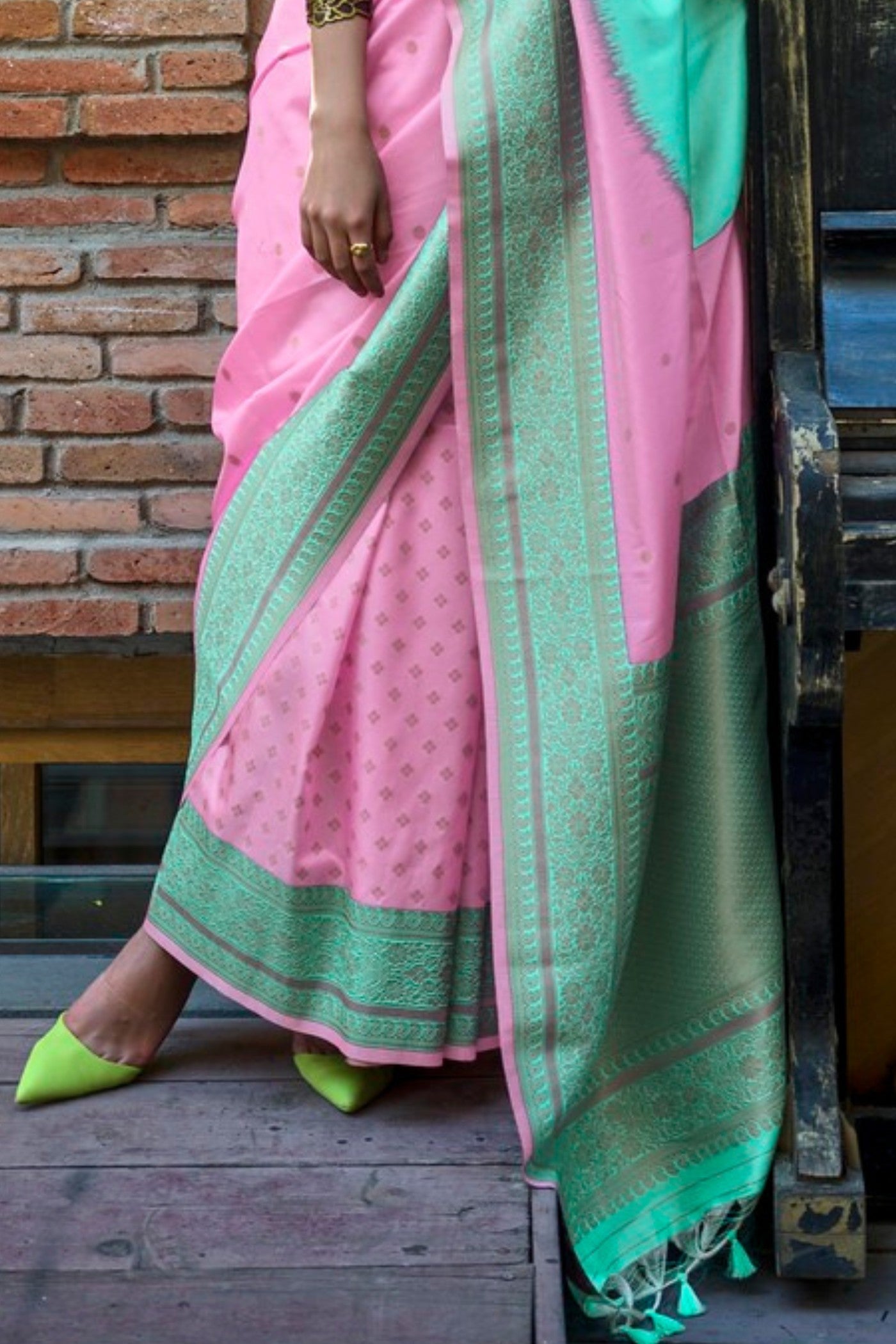 Buy MySilkLove Lily Pink and Green Banarasi Handloom Saree Online