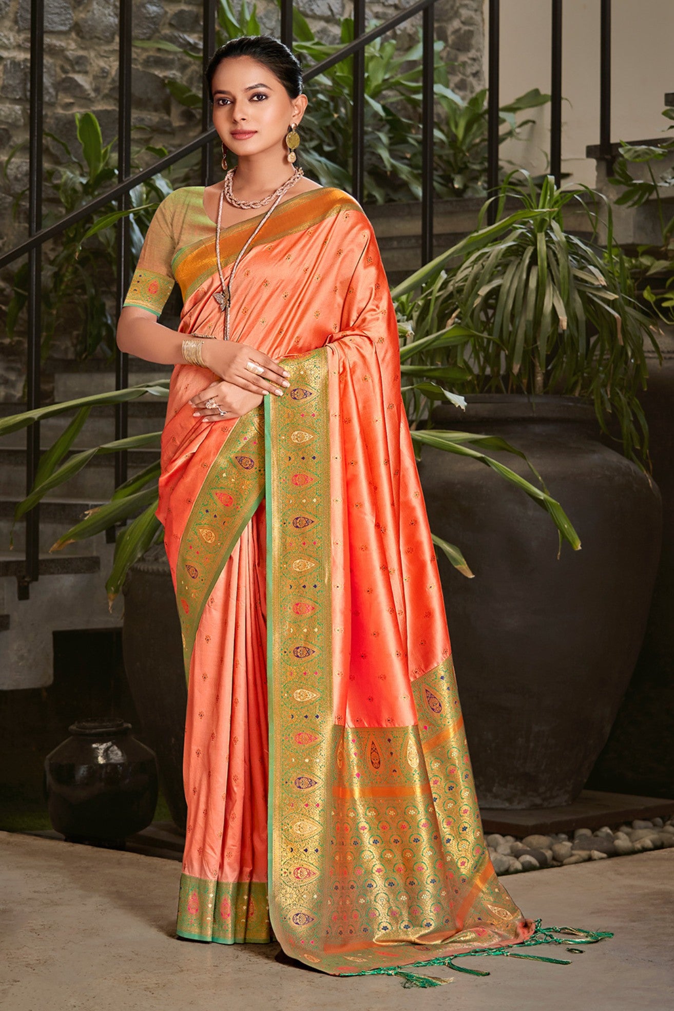 Buy MySilkLove Coral Orange Woven Banarasi Saree Online