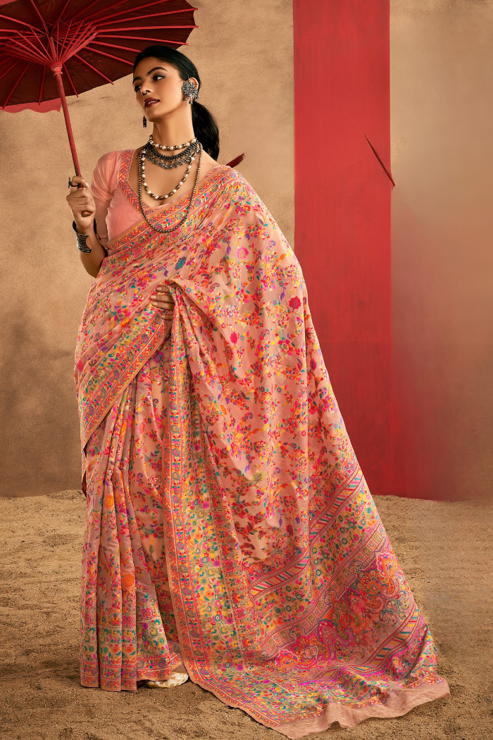 Buy MySilkLove Coral Peach Kashmiri Handloom Jamewar Saree Online