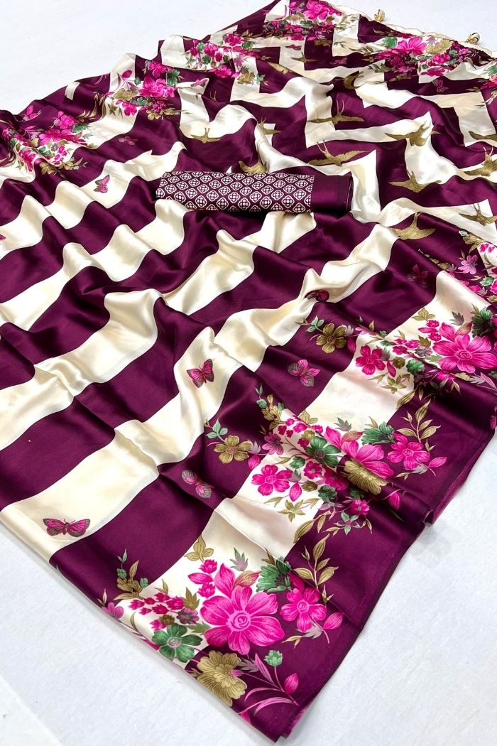 Buy MySilkLove Cosmic Purple Stripe Printed Floral Satin Gaji Silk Saree Online