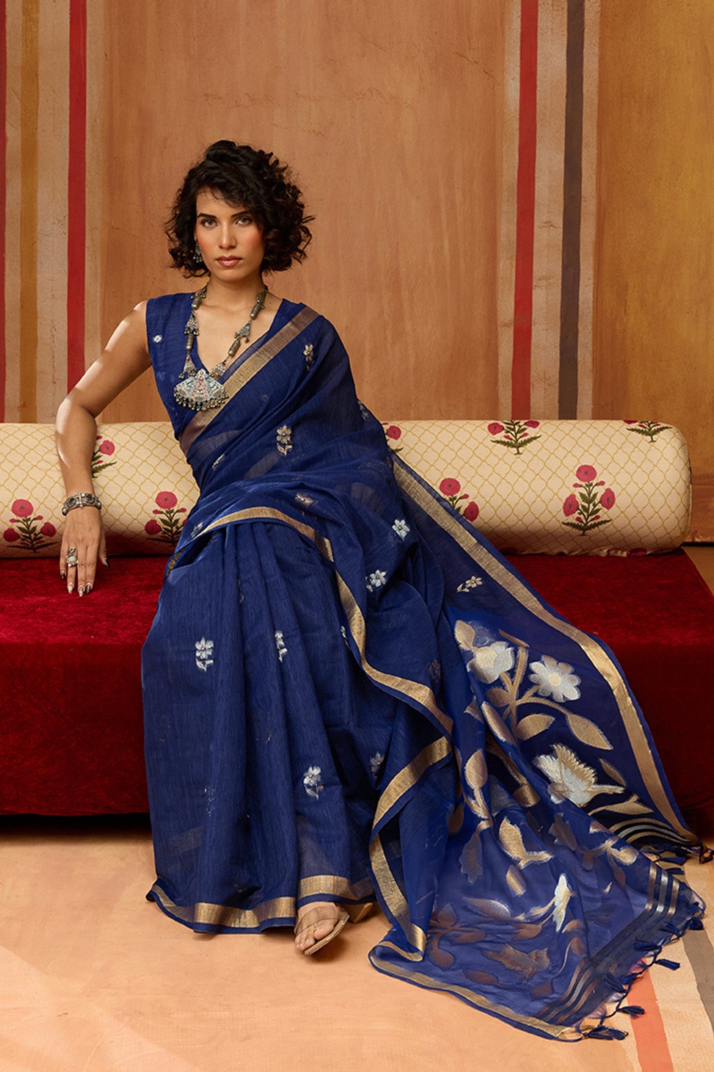 Buy MySilkLove Byzantine Blue Handloom Munga Cotton Saree Online