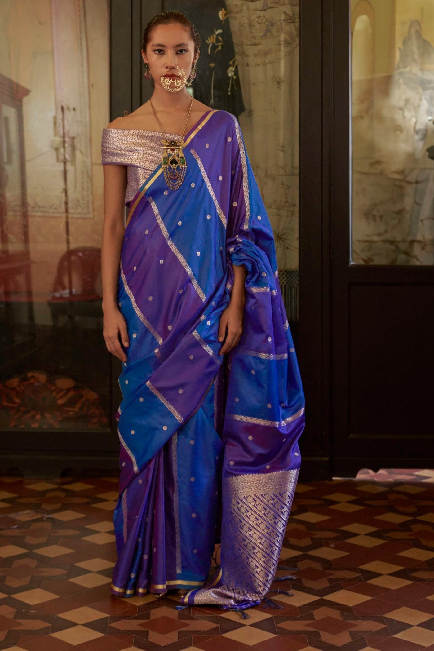 Buy MySilkLove Misty Blue Handloom Rangkat Banarasi Satin Silk Saree Online