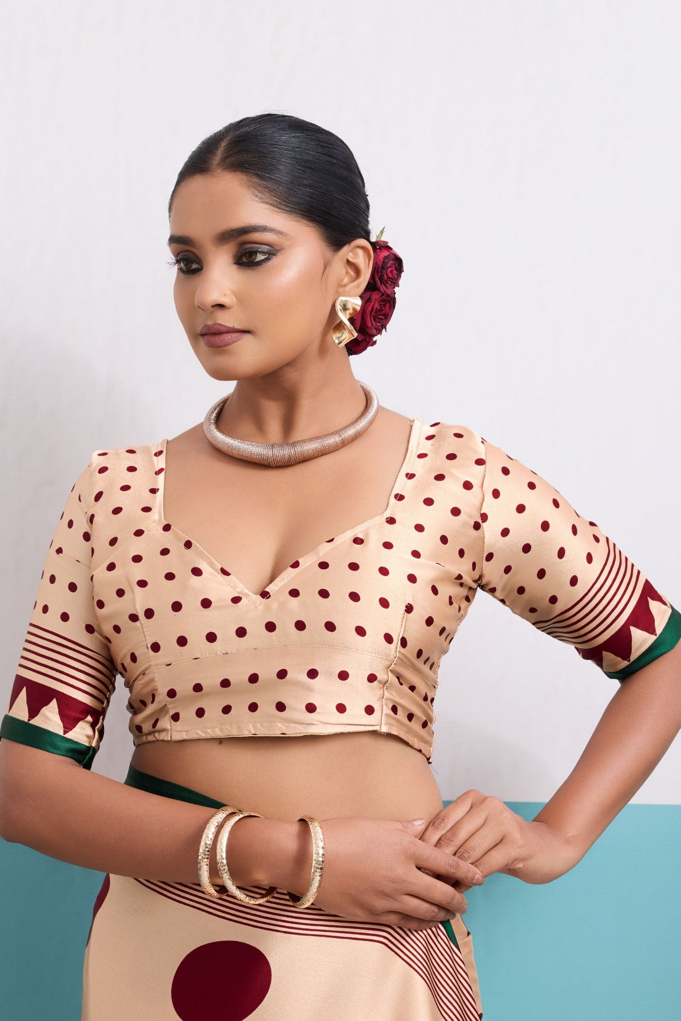 Buy MySilkLove Moonlight Cream and Maroon Polka Dots Satin Crepe Saree Online