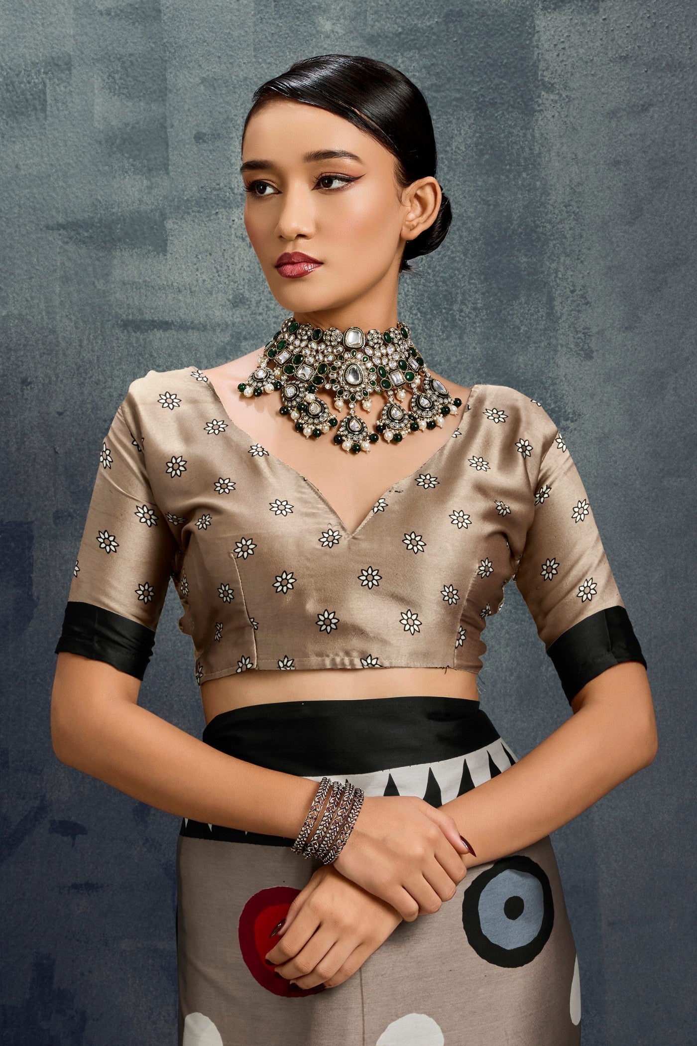 Buy MySilkLove Fossil Grey Ajrakh Printed Satin Crepe Silk Saree Online