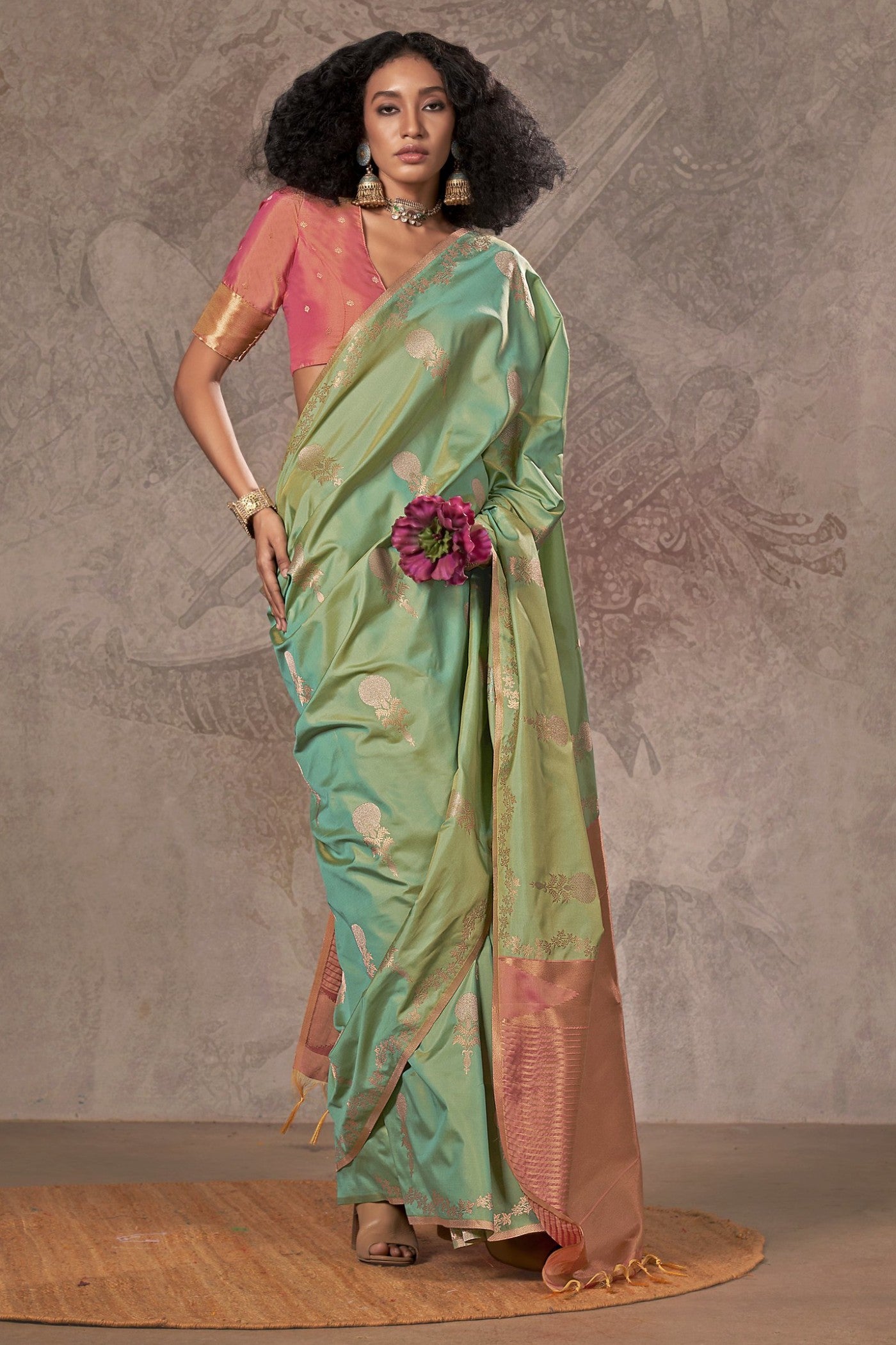 Buy MySilkLove Pickle Green Two Tone Banarasi Handloom Saree Online