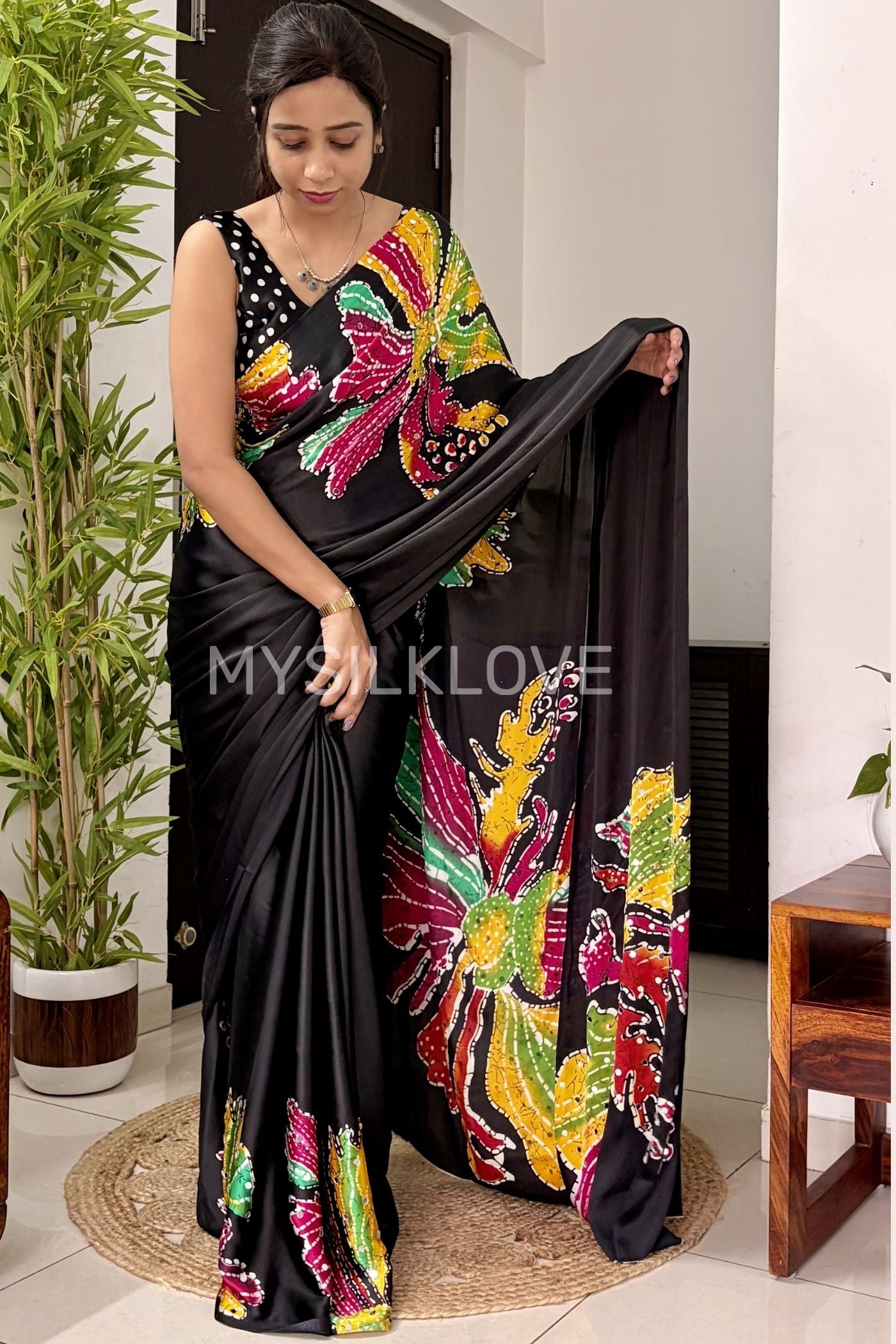 Buy MySilkLove Midnight Black Bloom Floral Partywear Satin Silk Saree Online