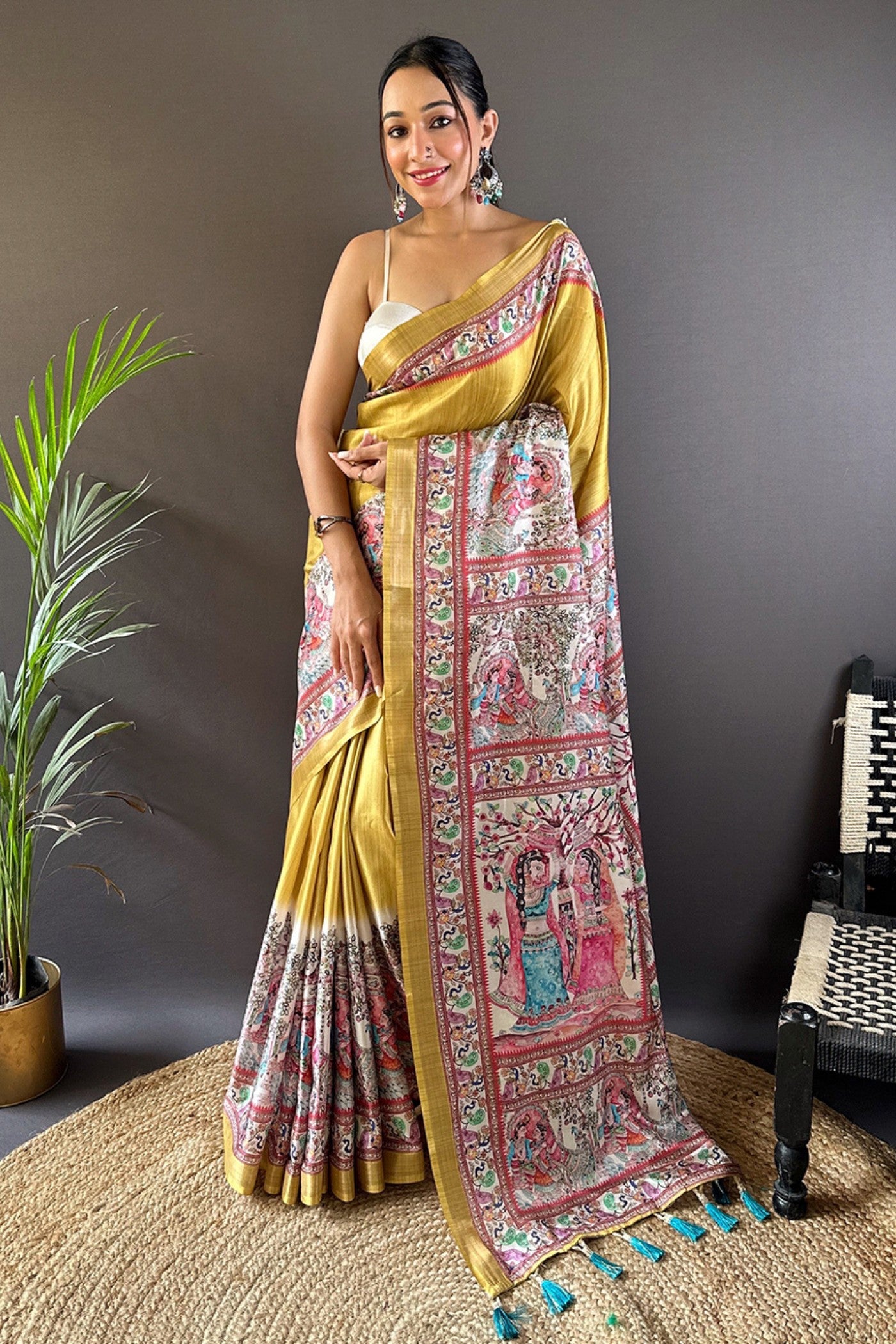 Buy MySilkLove Anzac Yellow Madhubani Printed Tussar Silk Saree Online