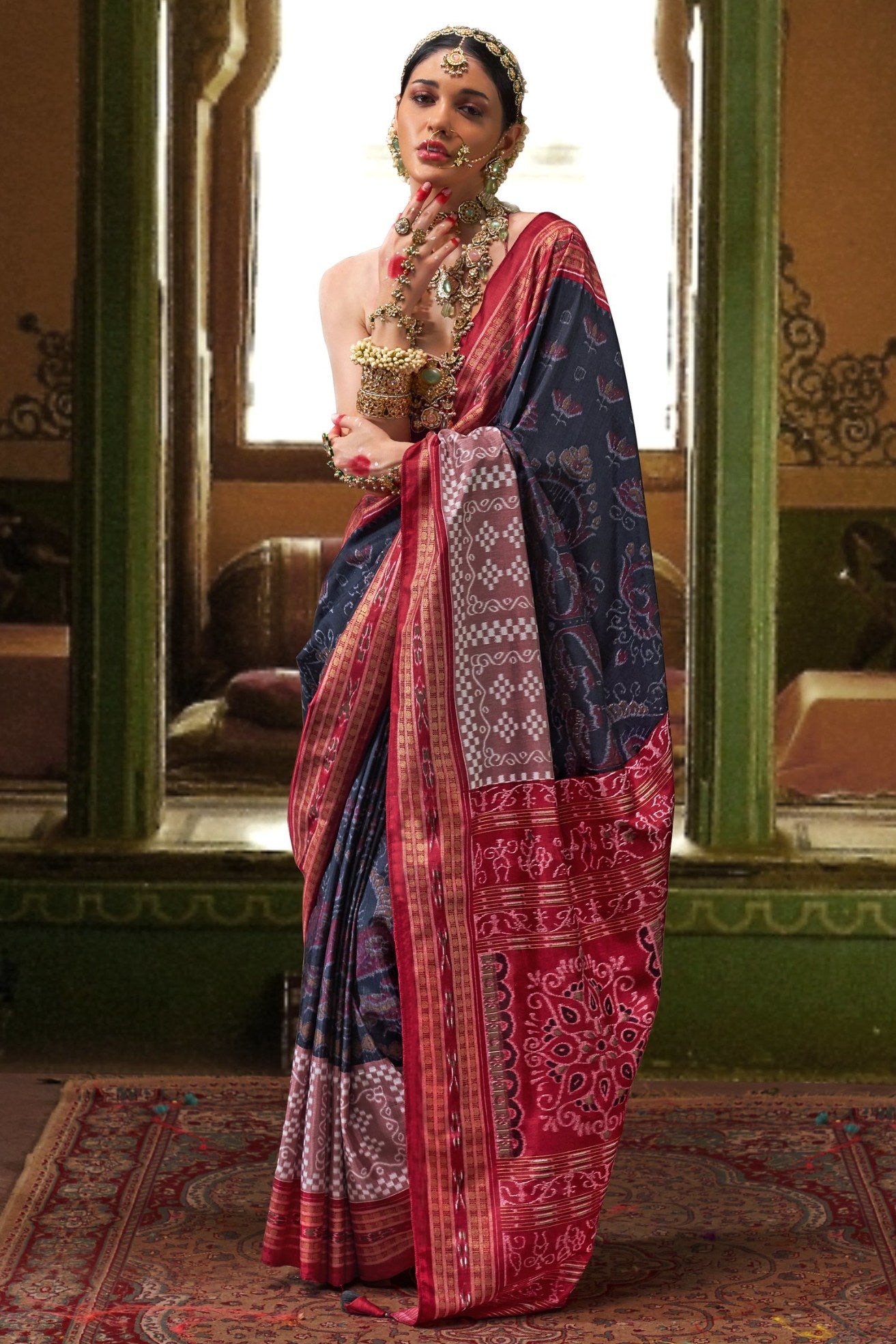 Buy MySilkLove Navy Blue Printed Patola Saree Online