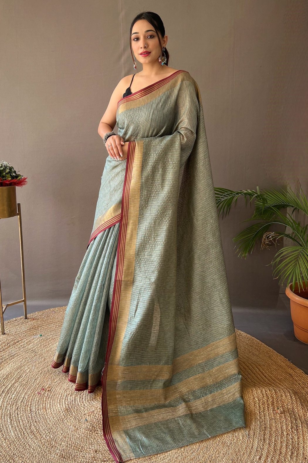 Buy MySilkLove Camouflage Green Organza Woven Saree Online