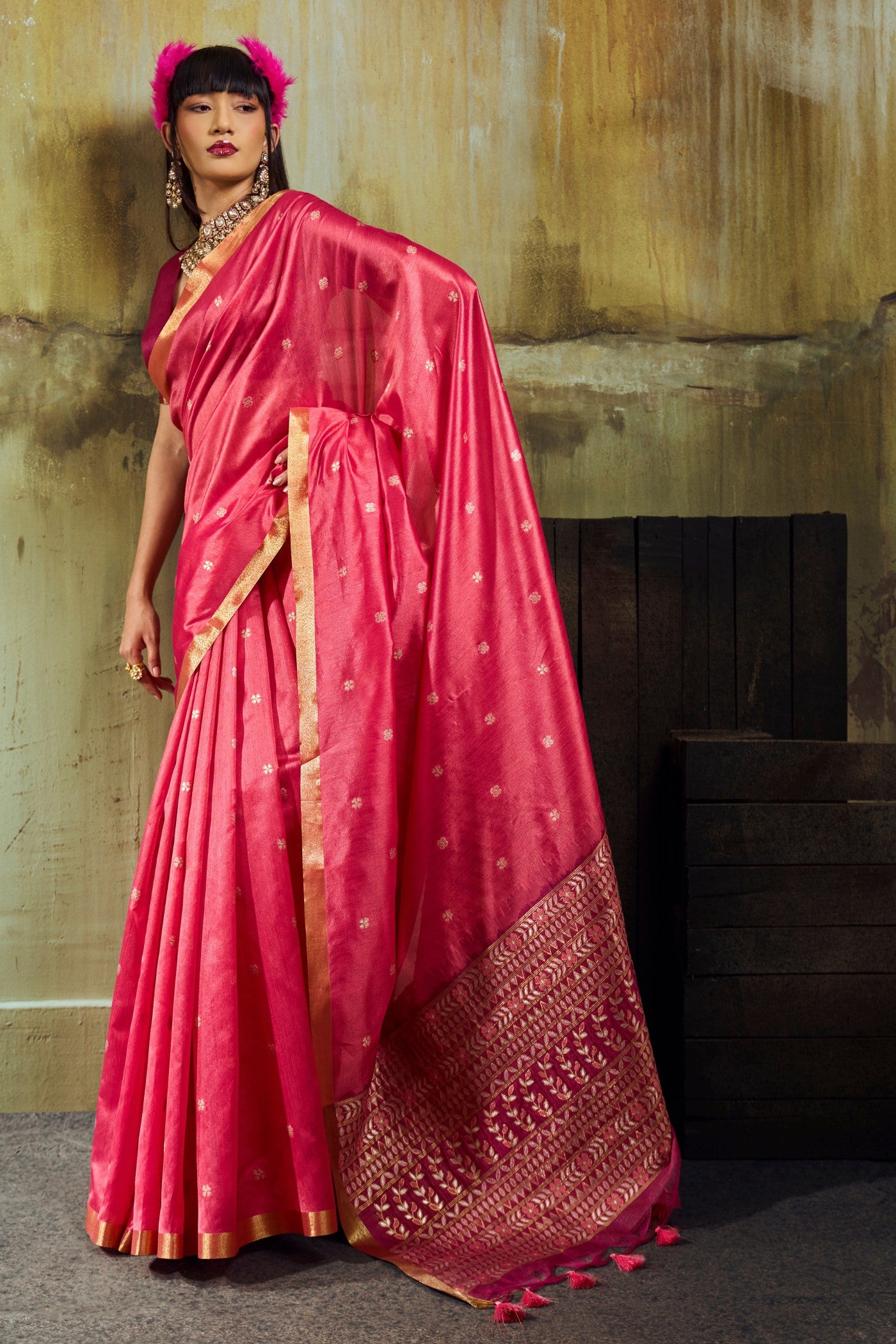 Buy MySilkLove Fuchsia Pink Tussar Handloom Silk Saree Online