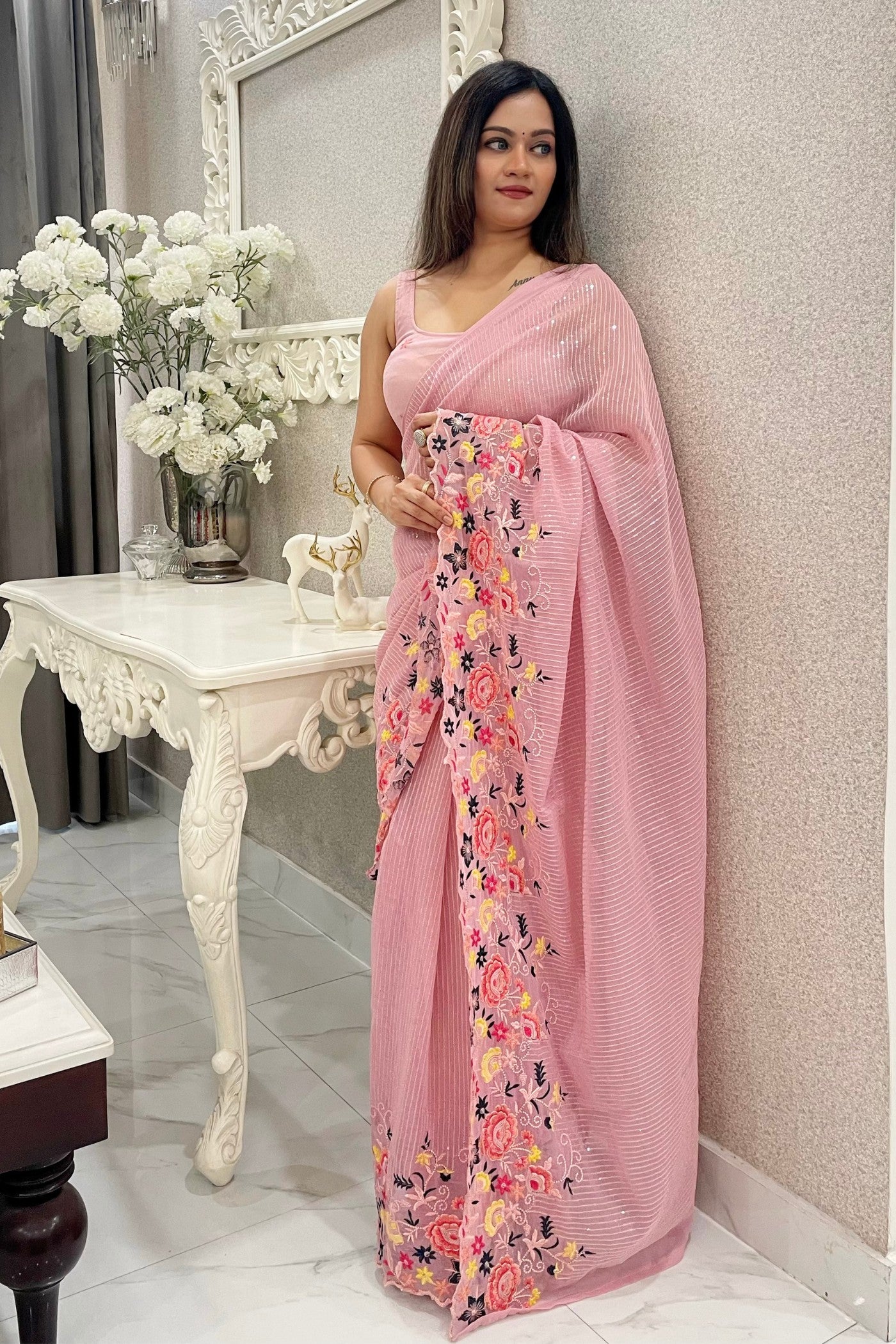 Buy MySilkLove Sweet Pink Embroidered Partywear Saree Online