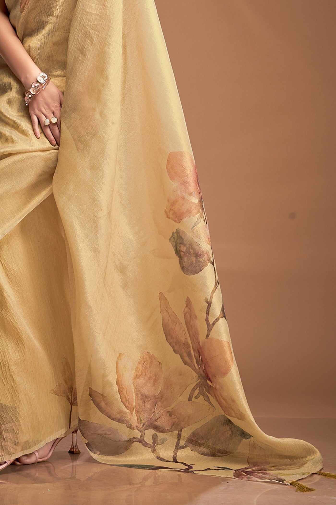 Buy MySilkLove Marigold Yellow Printed Tissue Saree Online