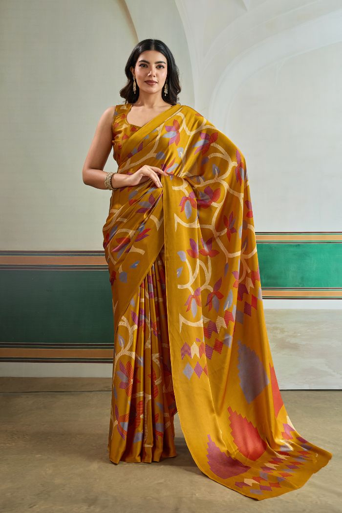 Buy MySilkLove Tulip Yellow Modal Ajrakh Printed Satin Silk Saree Online