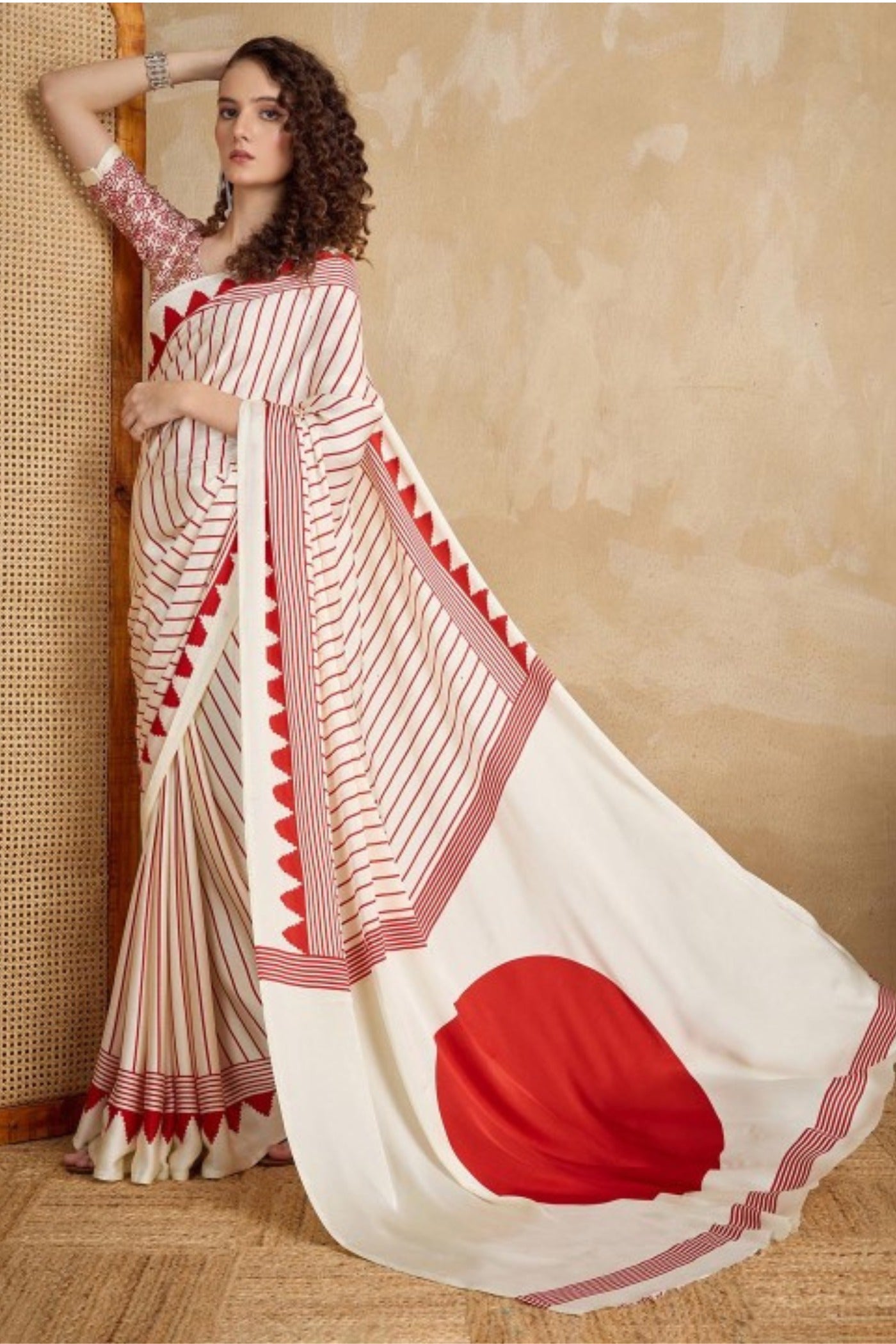 Buy MySilkLove Beige and Red Ajrakh Printed Satin Crepe Silk Saree Online