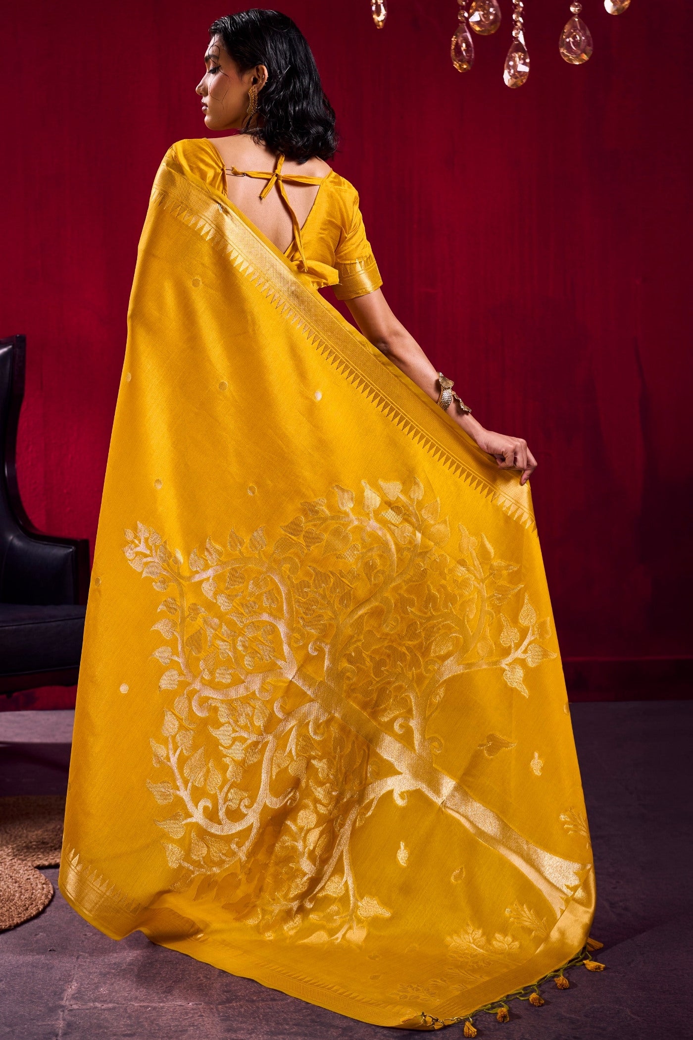 Buy MySilkLove Saffron Yellow Handloom Satin Linen Silk Saree Online