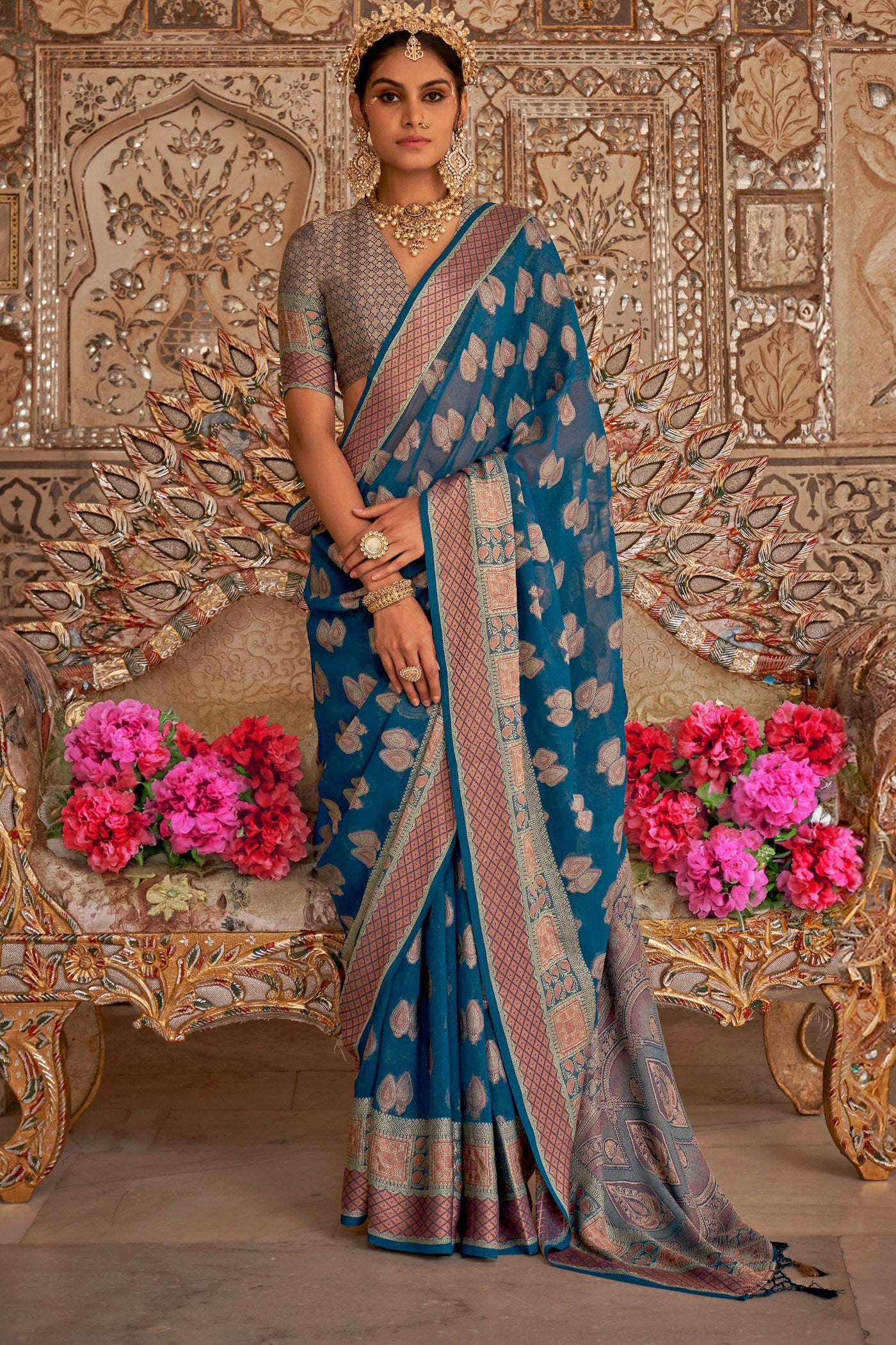 Buy MySilkLove Cobalt Blue Zari Woven Georgette Saree Online