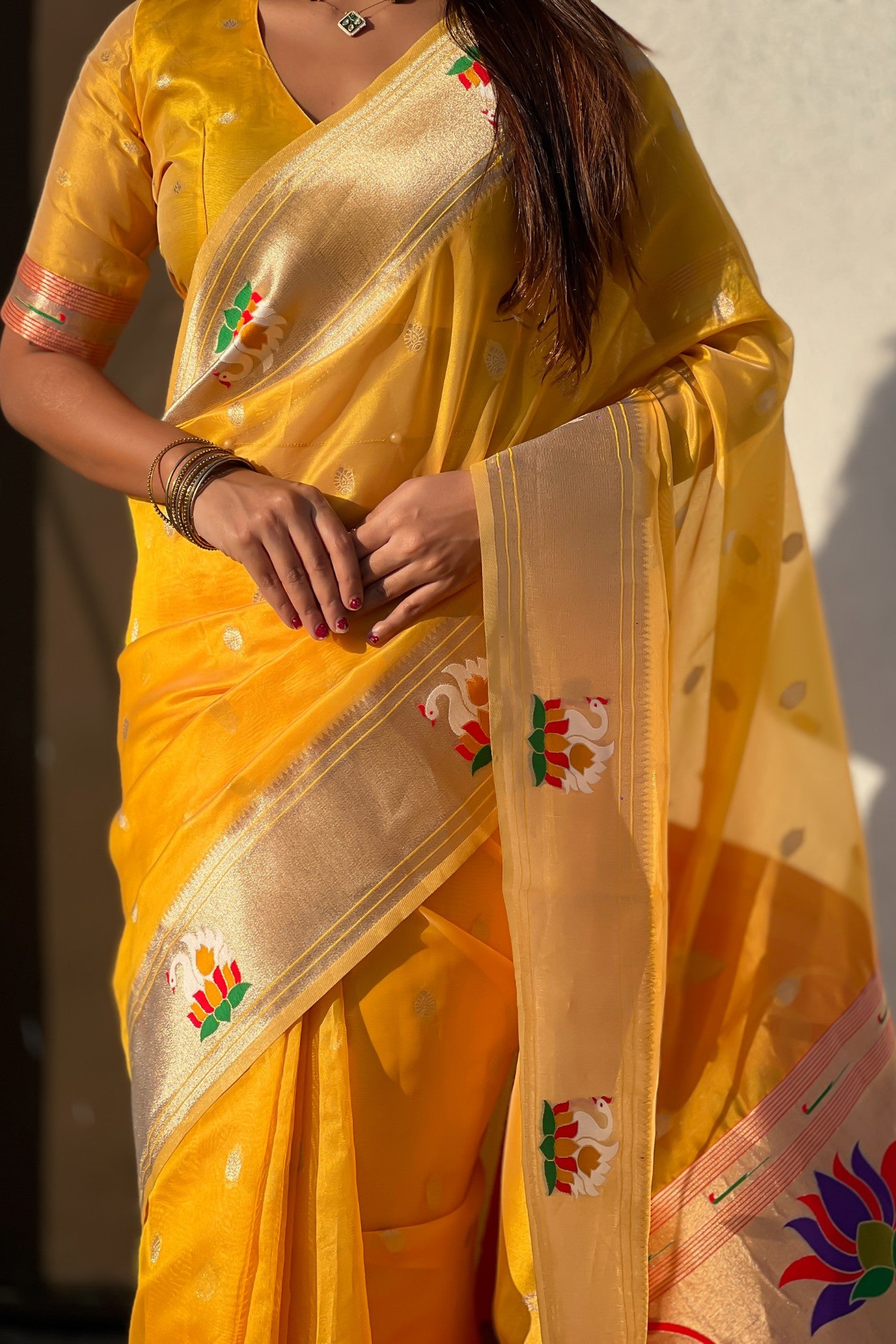 Buy MySilkLove Sunflower Yellow Organza Woven Paithani Saree Online