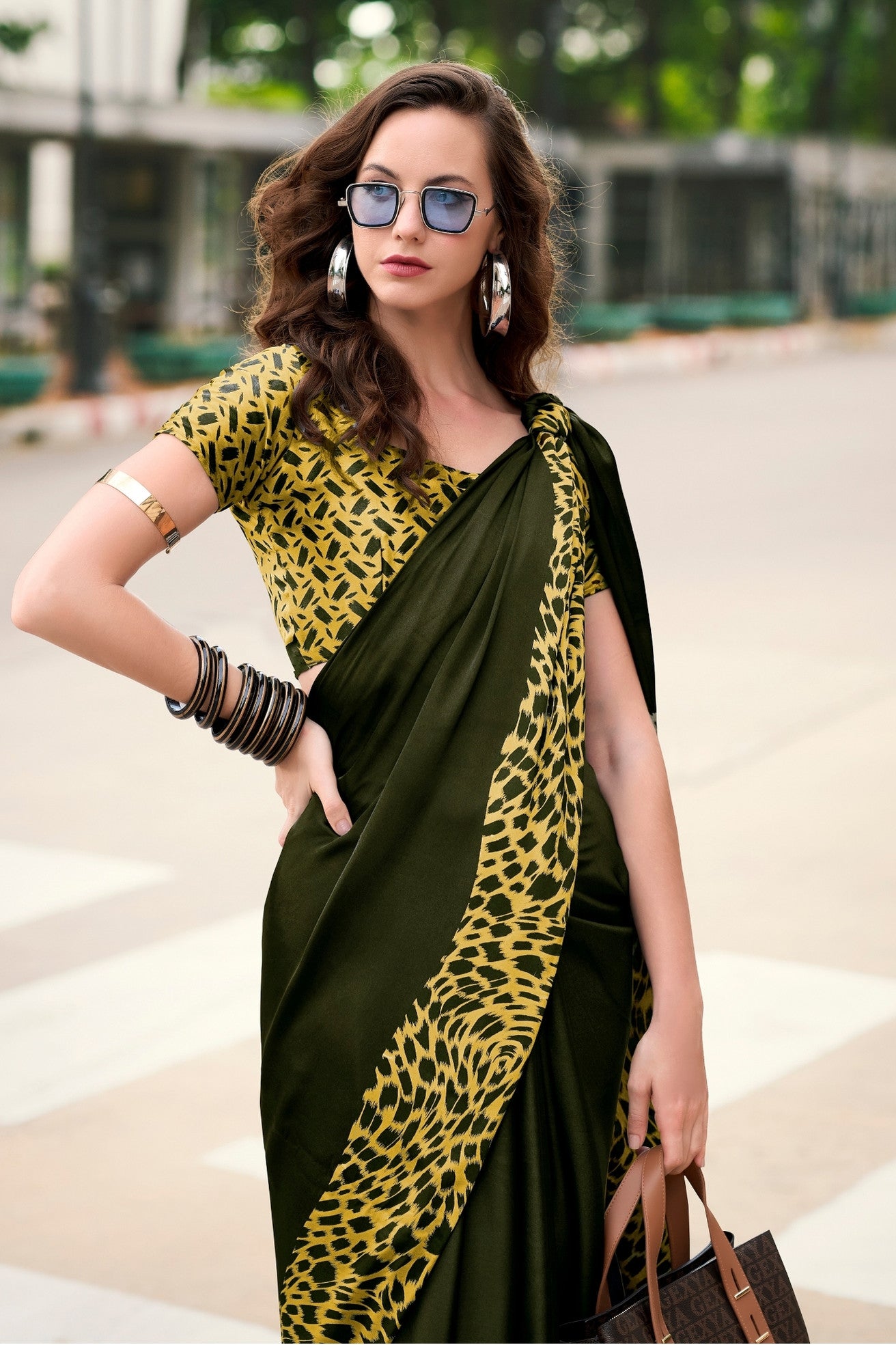 Buy MySilkLove Shark Green Printed Satin Crepe Saree Online