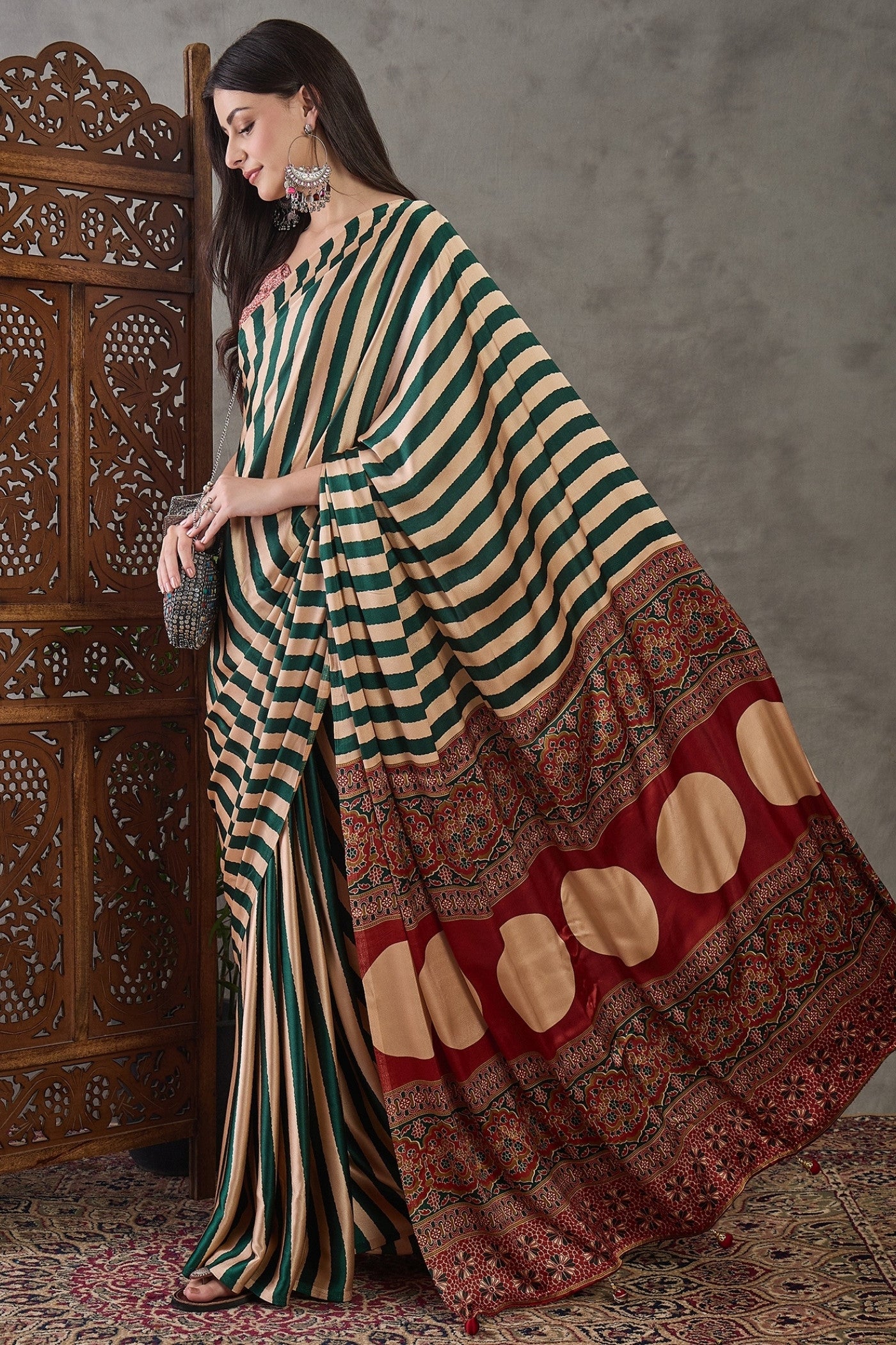 Buy MySilkLove Thyme Green Stripe Ajrakh Printed Satin Gaji Silk Saree Online