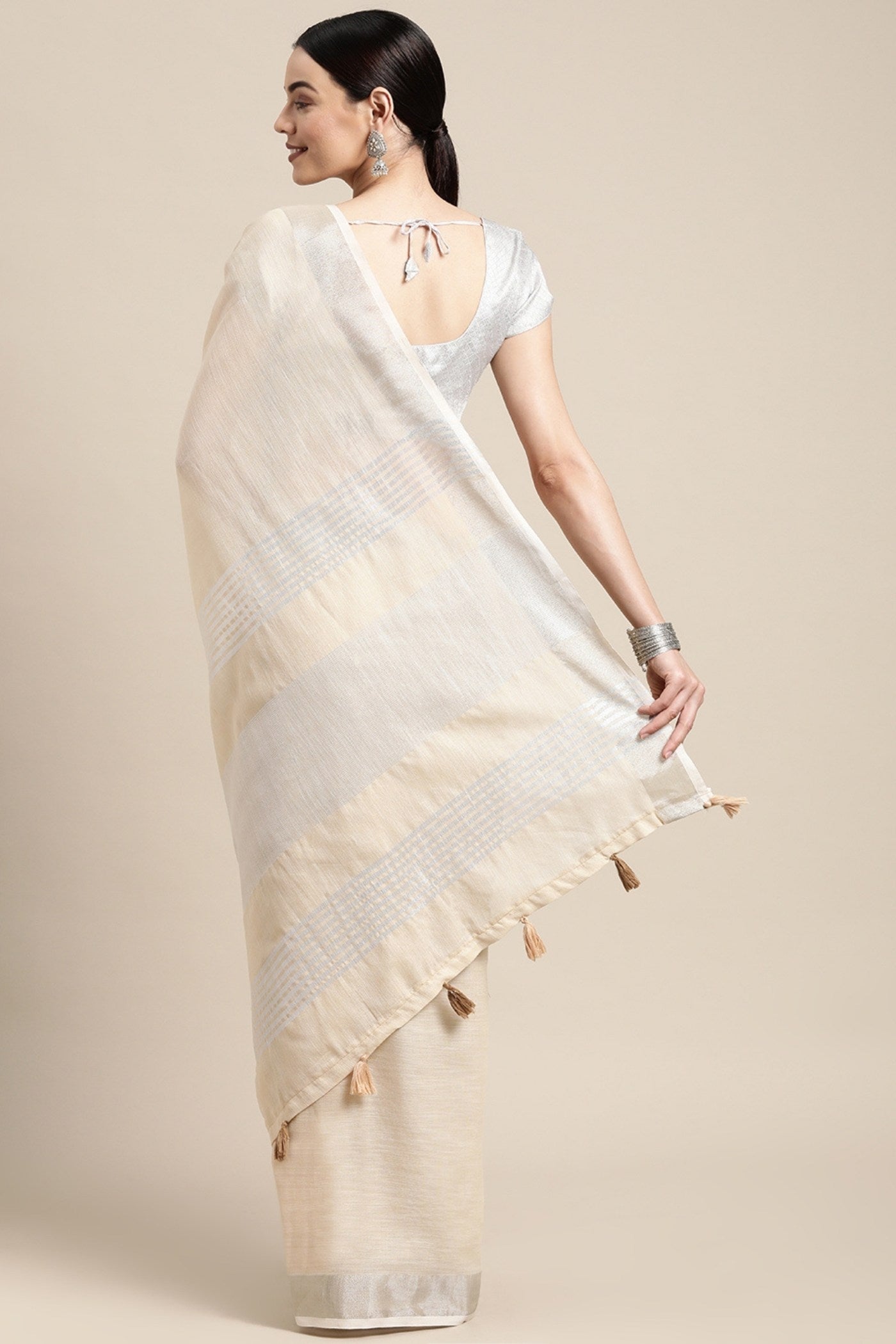 Buy MySilkLove Flax Cream Woven Linen Cotton Saree Online