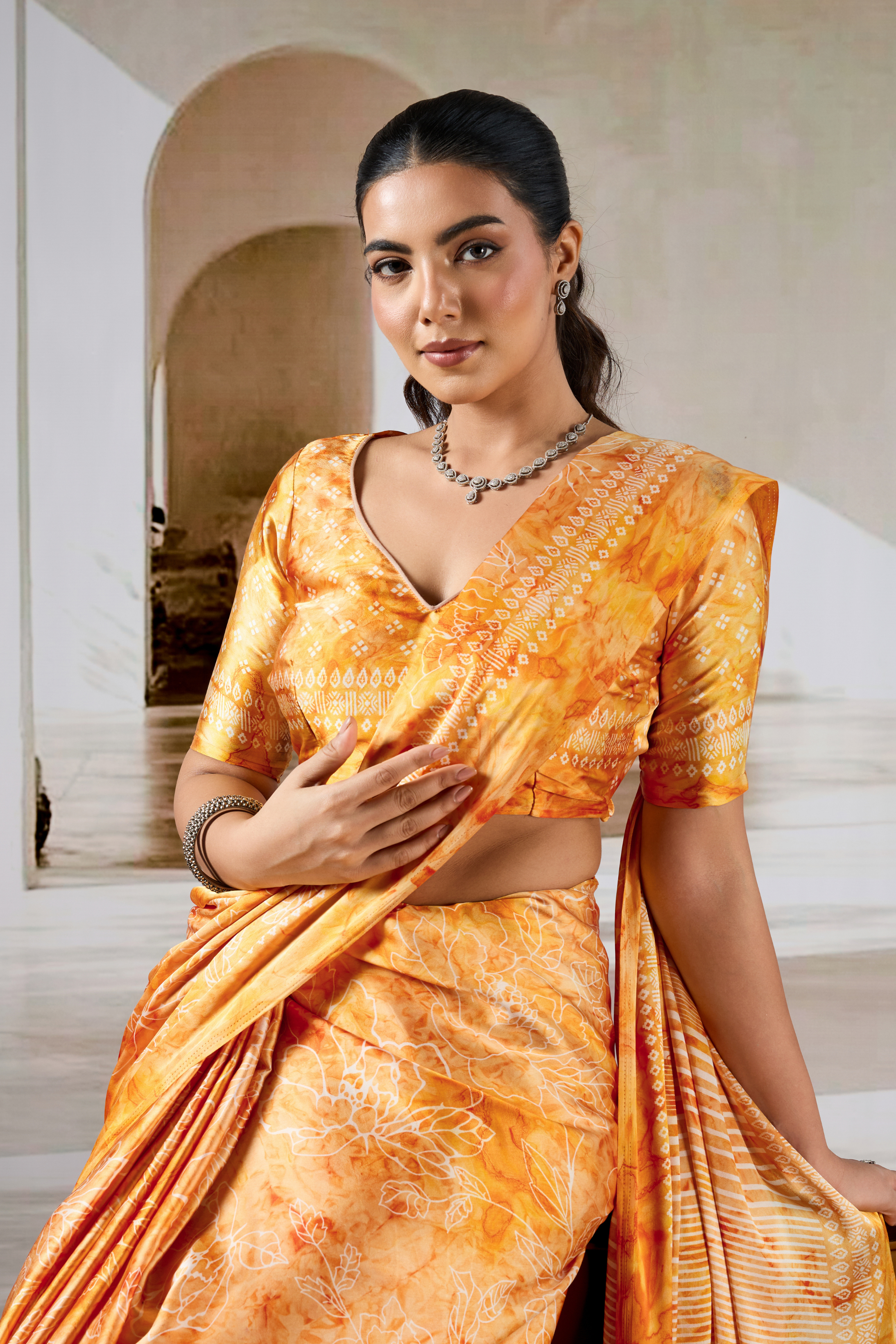 Buy MySilkLove Honey Yellow Modal Satin Hand Prism Print Saree Online
