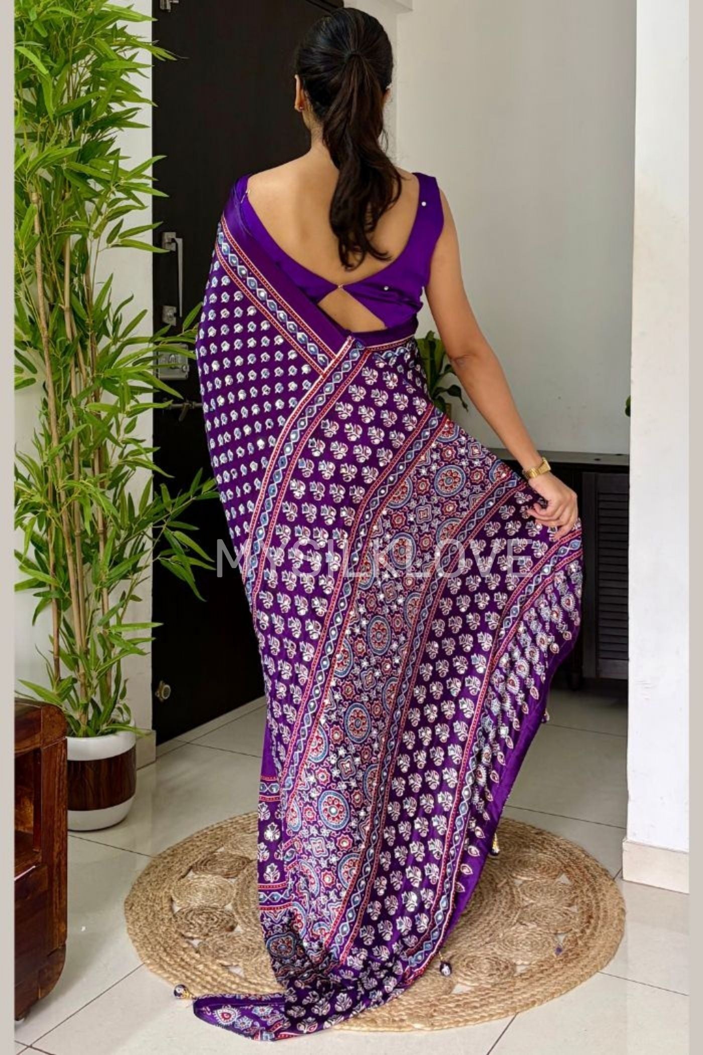 Buy MySilkLove Regalia Purple Modal Ajrakh Satin Printed Mirror Work Saree Online