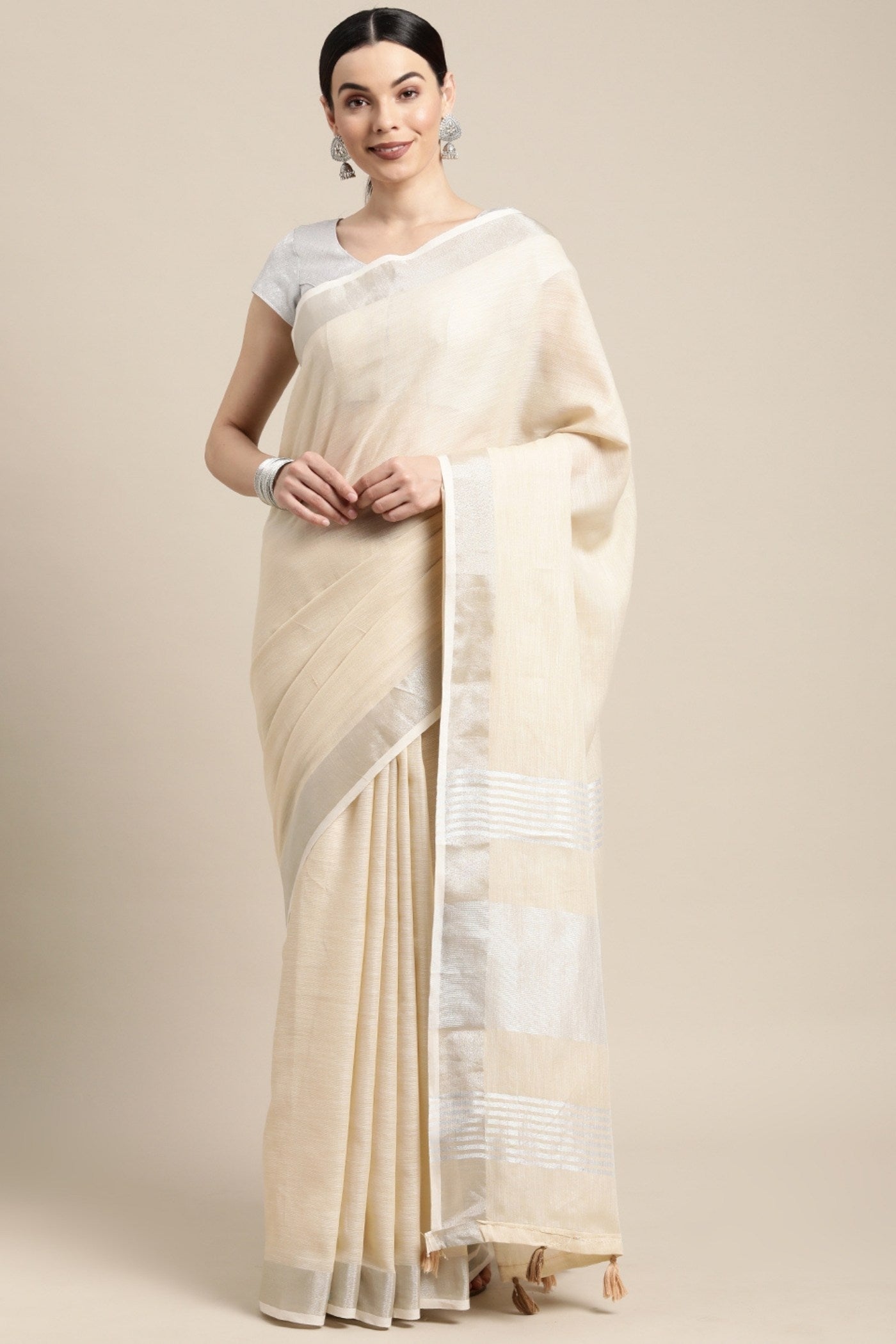 Buy MySilkLove Flax Cream Woven Linen Cotton Saree Online