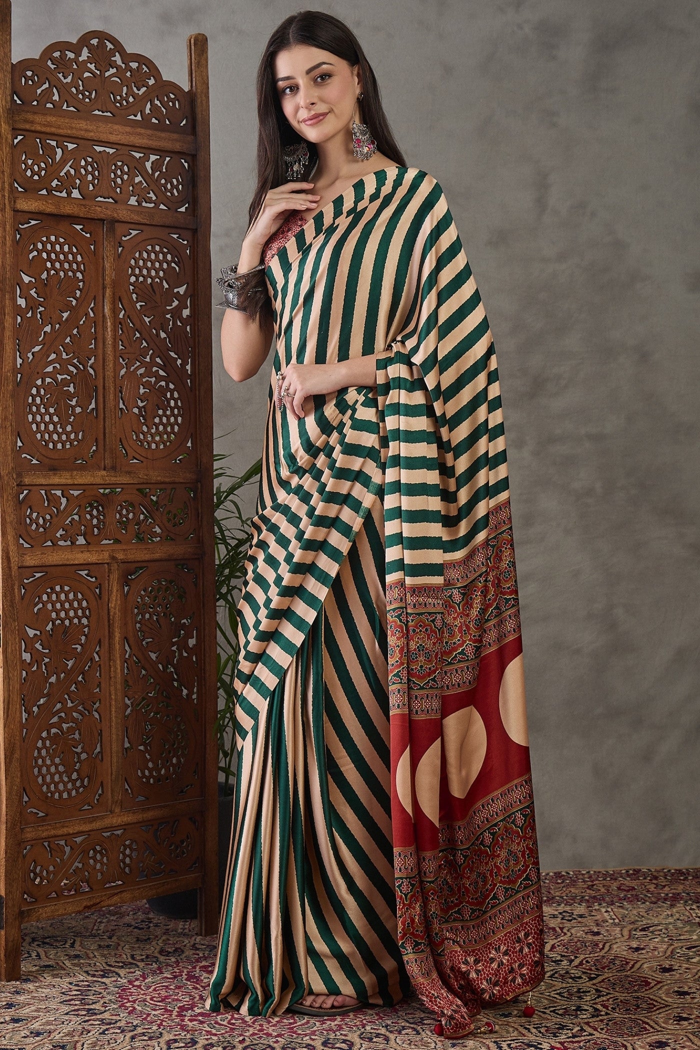 Buy MySilkLove Thyme Green Stripe Ajrakh Printed Satin Gaji Silk Saree Online