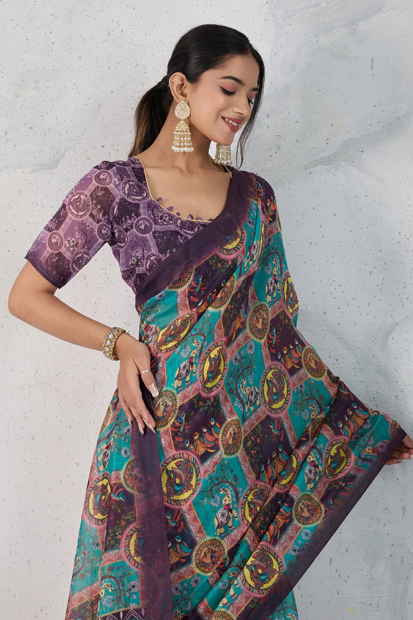 Buy MySilkLove Dull Blue Digital Printed Saree Online