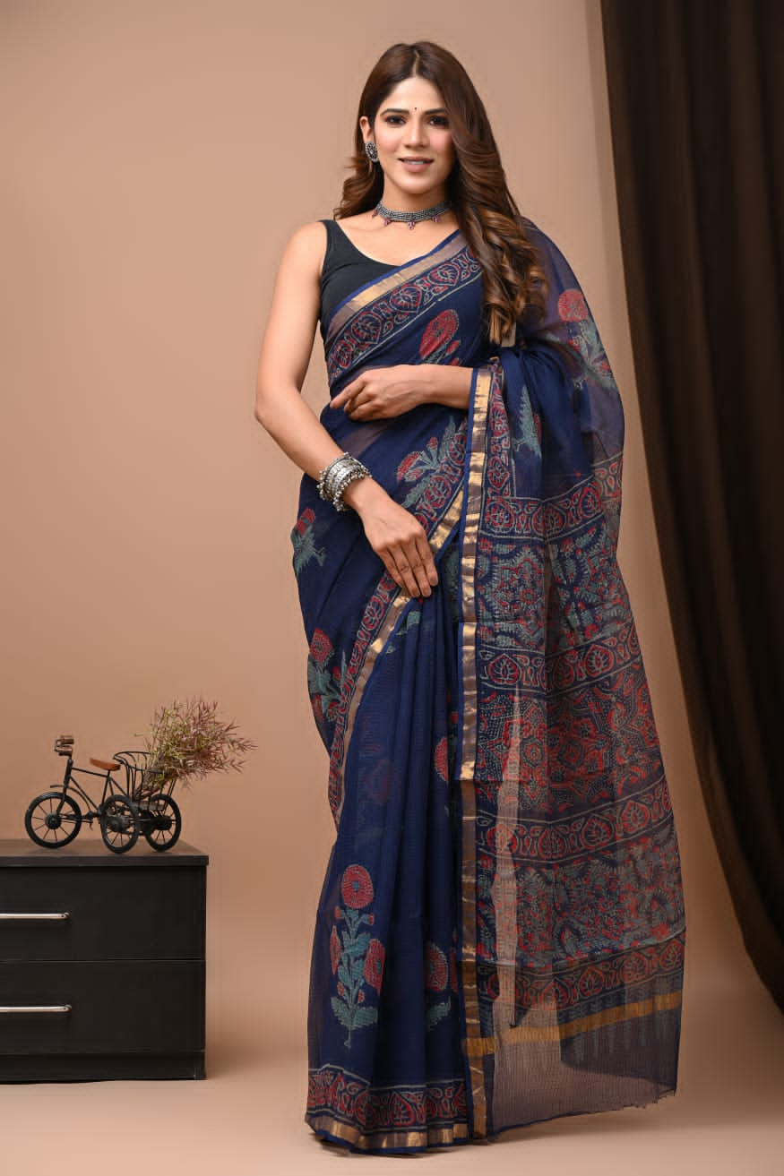 Buy MySilkLove Cloud Burst Blue Handblock Kota Doriya Saree Online