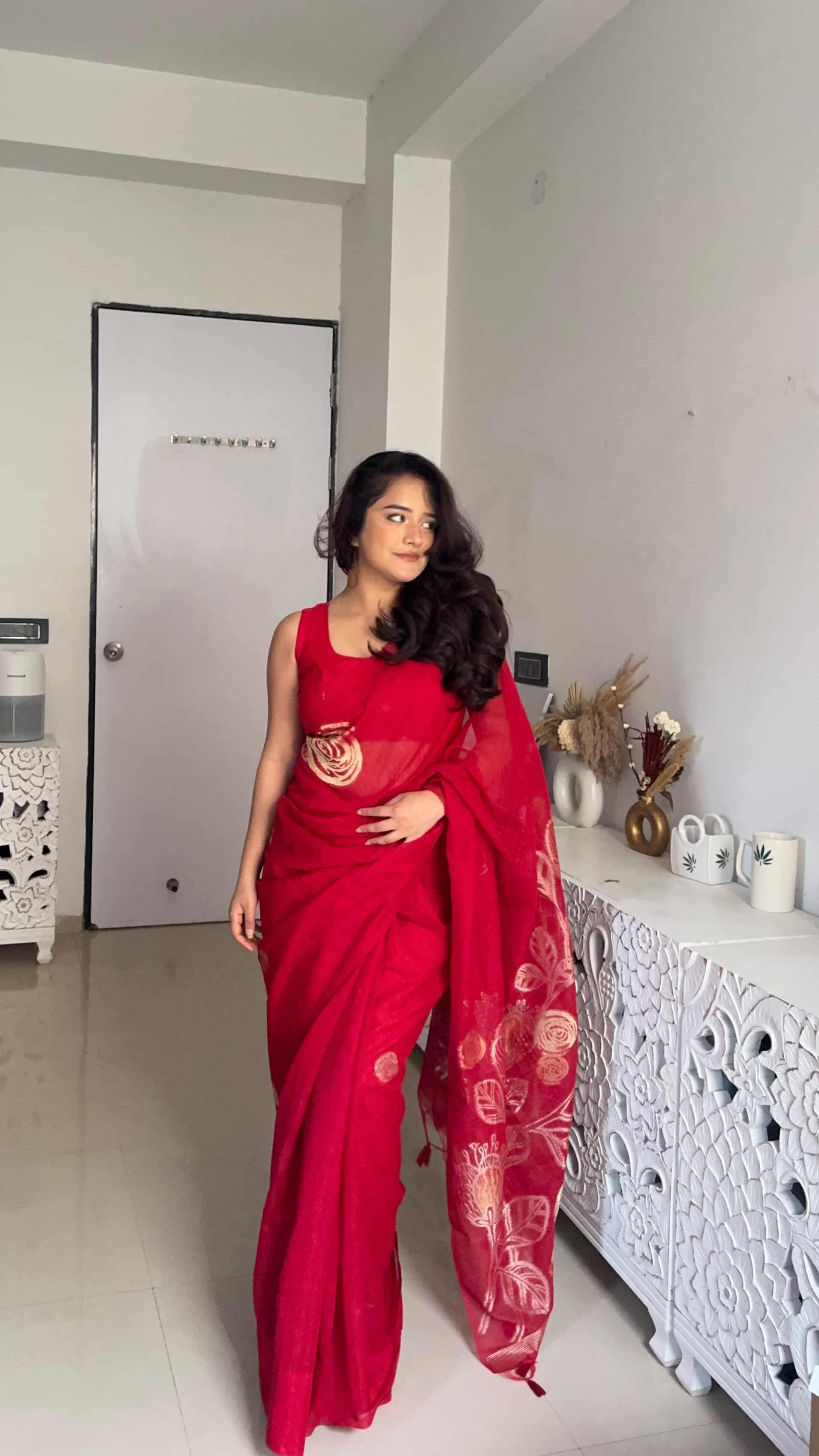 Buy MySilkLove Ruby Red Munga Handloom Cotton Saree Online