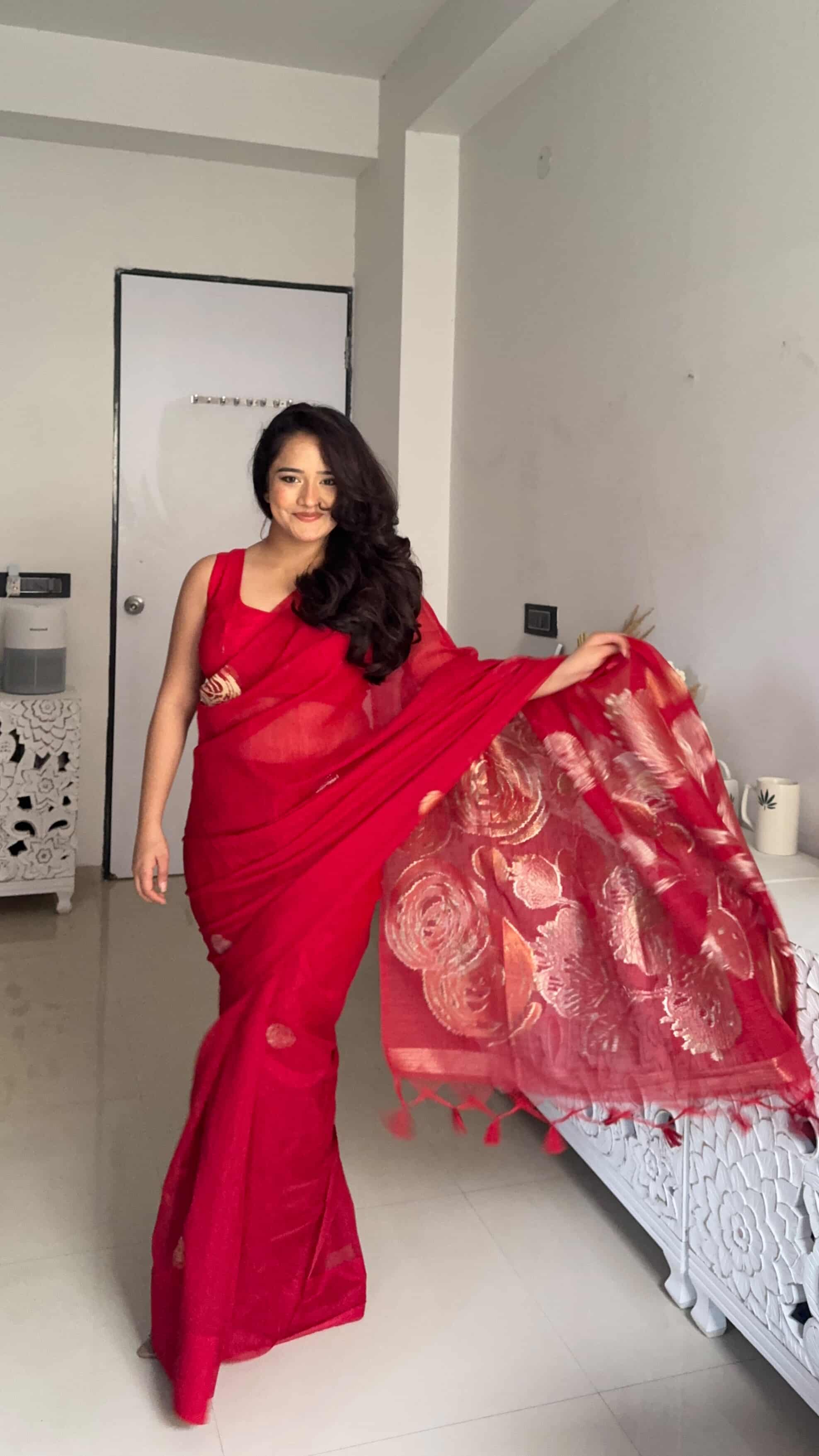 Buy MySilkLove Ruby Red Munga Handloom Cotton Saree Online