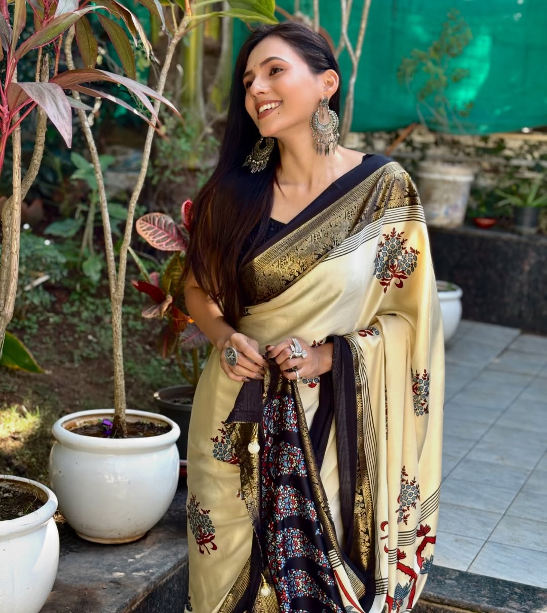 Buy MySilkLove Wheat Cream and Black Printed Satin Crepe Silk Saree Online