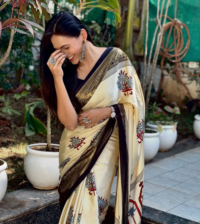 MySilkLove Butter Cream and Black Printed Satin Crepe Silk Saree