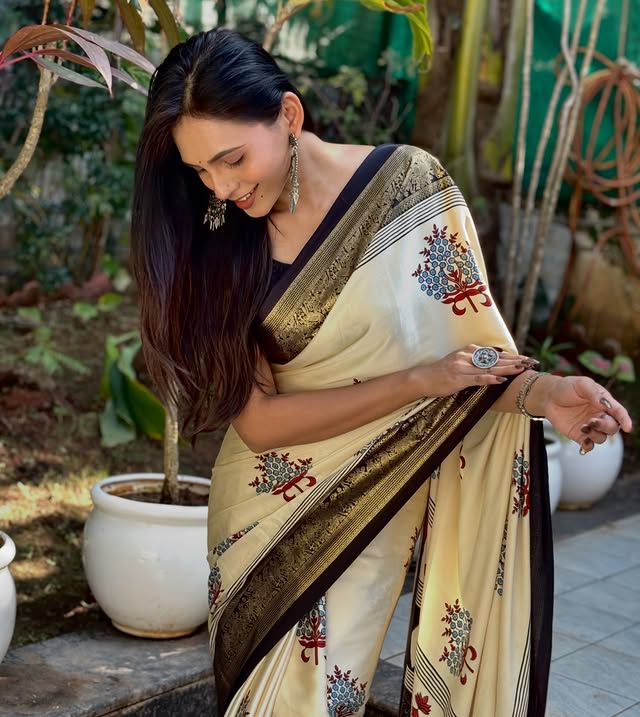 Buy MySilkLove Butter Cream and Black Printed Satin Crepe Silk Saree Online
