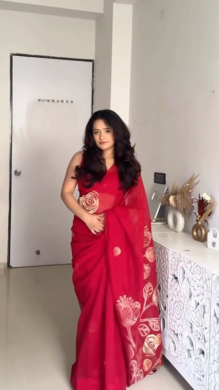 Buy MySilkLove Ruby Red Munga Handloom Cotton Saree Online