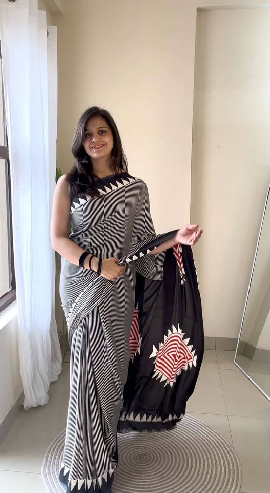 Buy MySilkLove Melanie Black Stripe Ajrakh Printed Satin Crepe Silk Saree Online