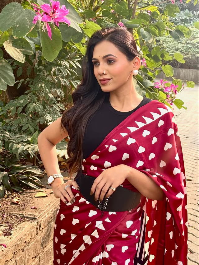 MySilkLove Cherry Red Heart Shaped Printed Satin Crepe Silk Saree