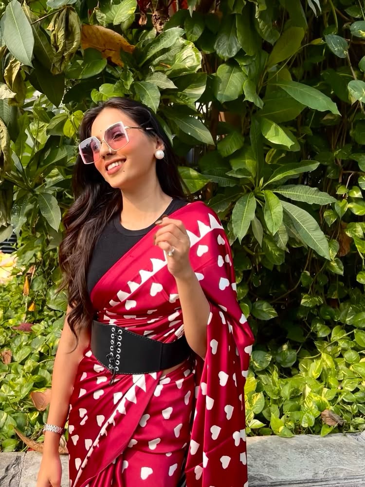 Buy MySilkLove Valentine's Day Special : Geranium Red Heart Shaped Printed Satin Crepe Silk Saree Online