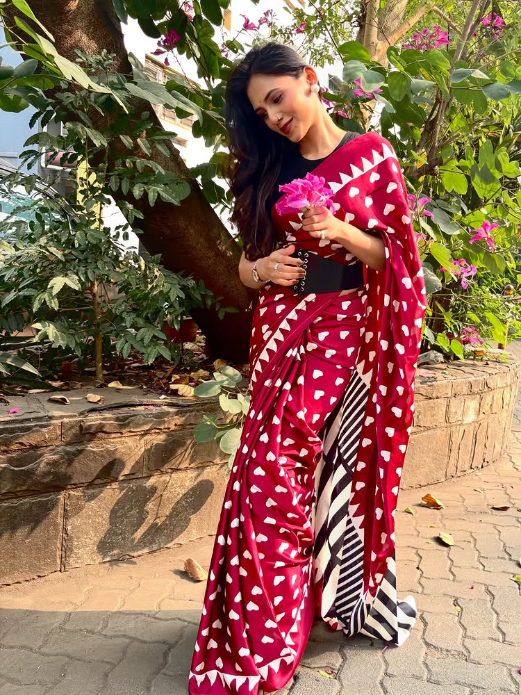 Buy MySilkLove Valentine's Day Special : Geranium Red Heart Shaped Printed Satin Crepe Silk Saree Online