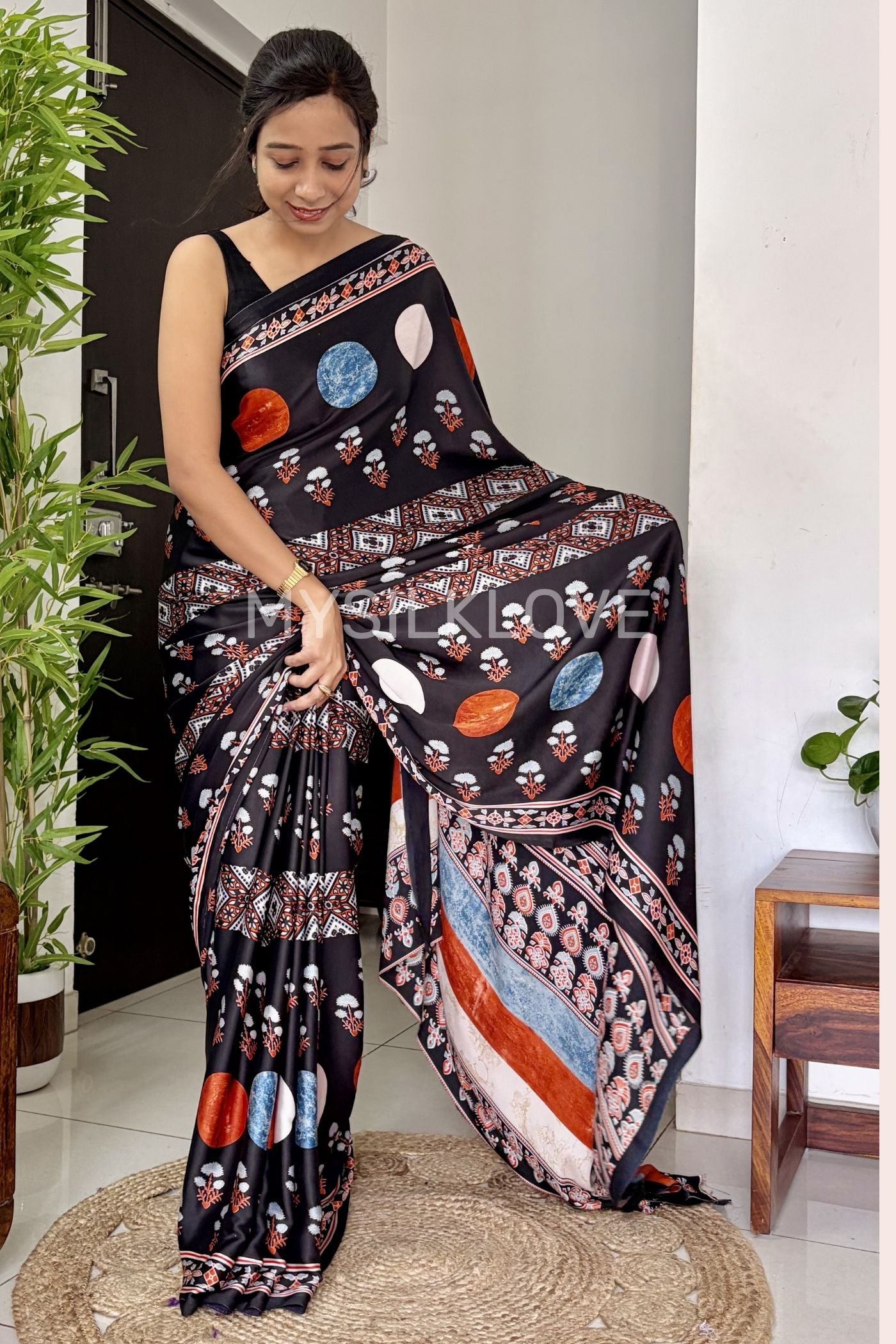 Buy MySilkLove Anthracite Black Printed Polka Dots Satin Crepe Saree Online