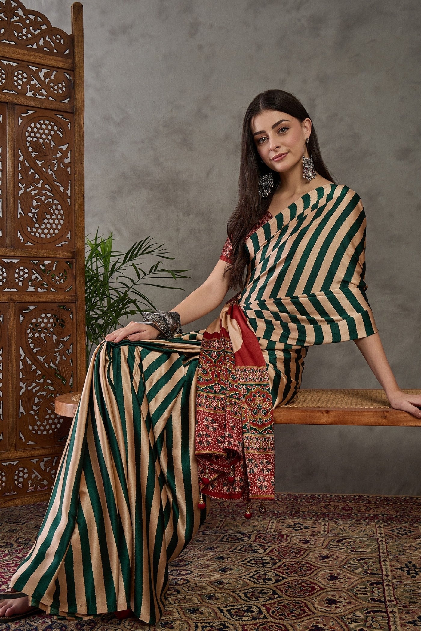 Buy MySilkLove Thyme Green Stripe Ajrakh Printed Satin Gaji Silk Saree Online