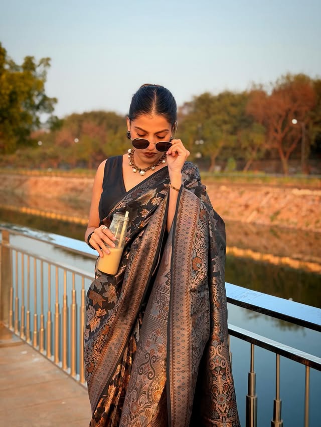 Buy MySilkLove Coral Black Banarasi Soft Silk Saree Online