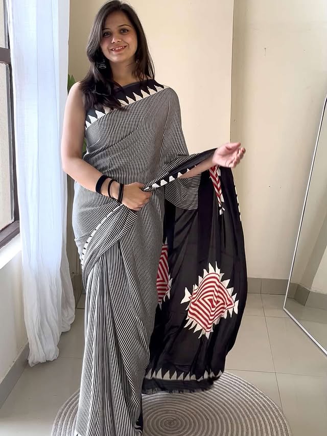Buy MySilkLove Jet Black Stripe Ajrakh Printed Satin Crepe Silk Saree Online