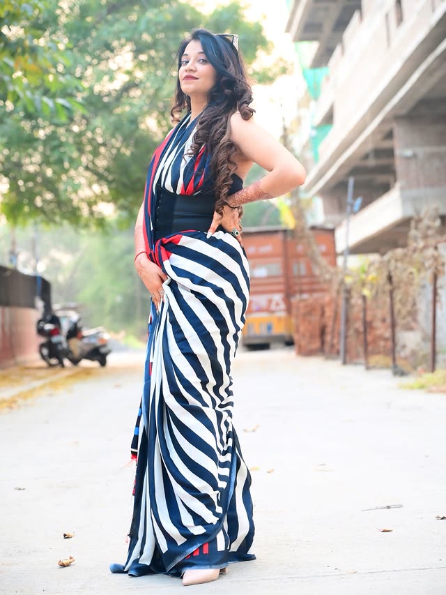 Buy MySilkLove Crow Black and White Stripes Printed Satin Crepe Silk Saree Online