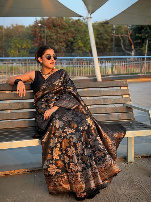 Buy MySilkLove Coral Black Banarasi Soft Silk Saree Online
