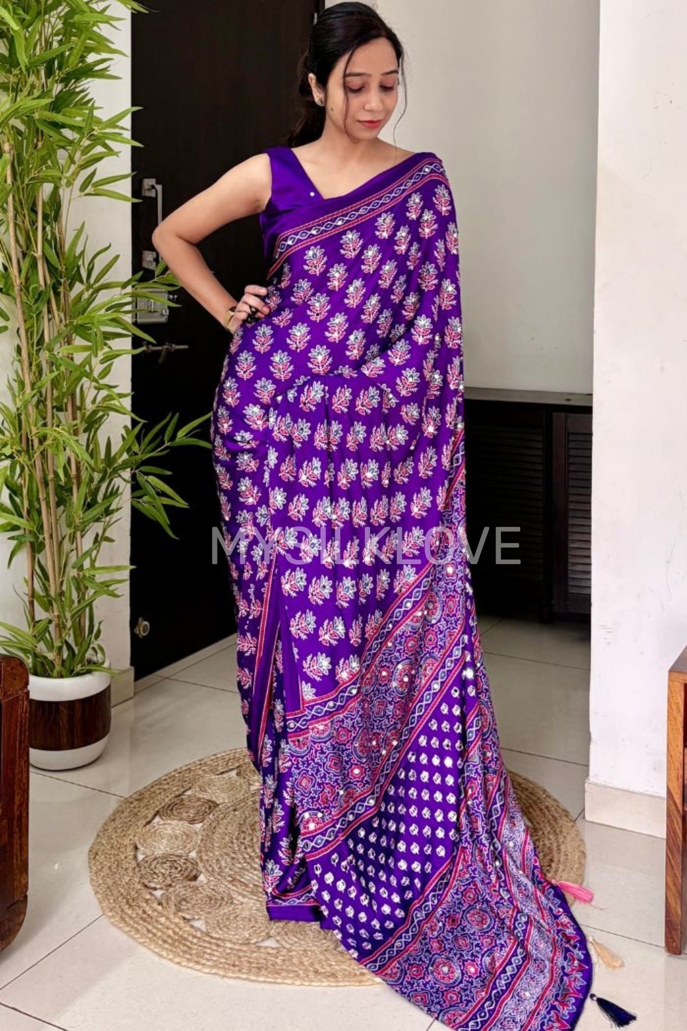 Buy MySilkLove Royal Purple Mirror Work Ajrakh Printed Saree Online