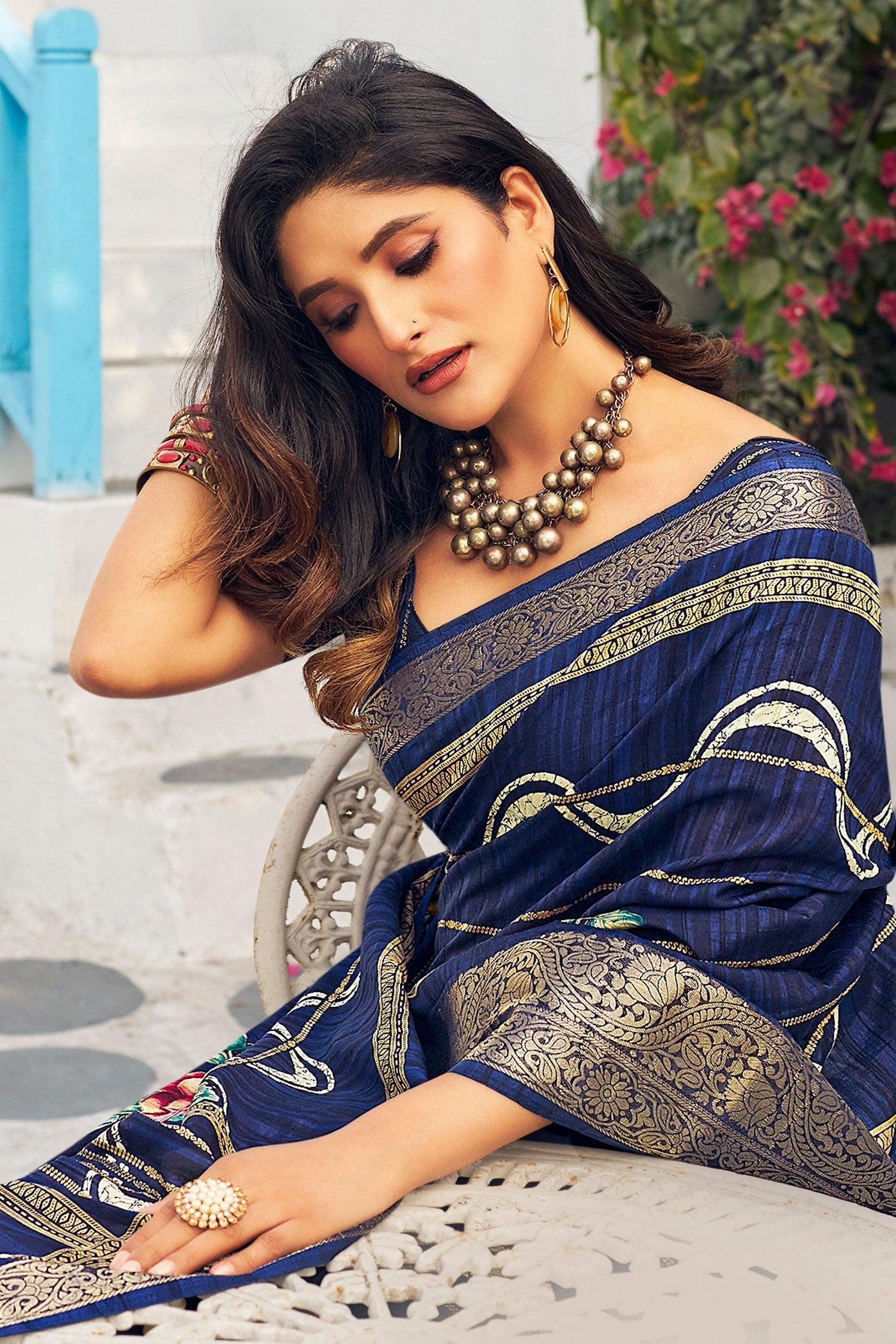 Buy MySilkLove Cloud Burst Blue Banarasi Printed Saree Online