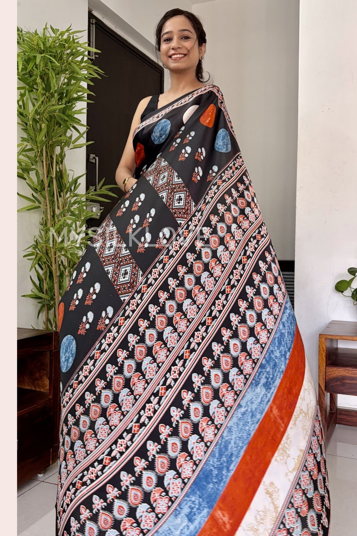 Buy MySilkLove Anthracite Black Printed Polka Dots Satin Crepe Saree Online